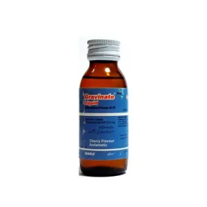 Gravinate syrup 60ml bottle by Searle - dimenhydrinate antiemetic medication for motion sickness and nausea relief