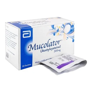 Mucolator acetylcysteine 200mg water-soluble granules, box containing 30 sachets for respiratory mucus relief and cough treatment
