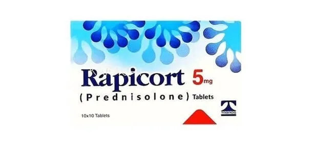 Rapicort 5mg prednisolone tablets - corticosteroid anti-inflammatory medication box with 10x10 tablets blister pack