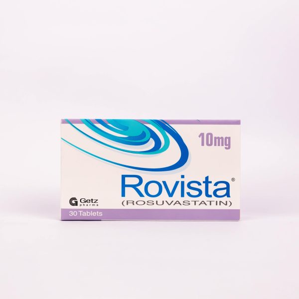 Rovista 10mg rosuvastatin tablets by Getz Pharma, 30 tablets pack with blue and purple packaging for cholesterol control