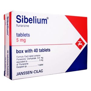Sibelium flunarizine 5mg tablets box by Janssen-Cilag, containing 40 tablets for migraine prevention and vertigo treatment