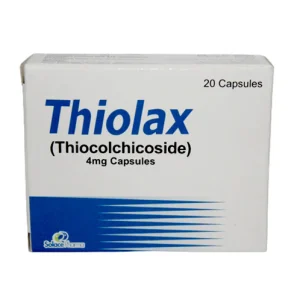 Thiolax 4mg capsules box containing thiocolchicoside 20 capsules for muscle relaxant and pain relief treatment
