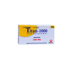 Titan-1000 Ceftriaxone 1000mg injection box by Macter Pharmaceuticals for broad spectrum antibiotic treatment