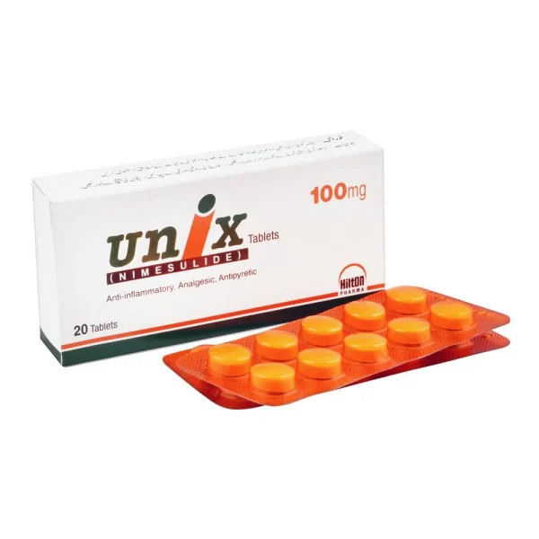 Unix Nimesulide 100mg tablets blister pack with 20 orange tablets and pharmaceutical packaging box by Phiton Pharma
