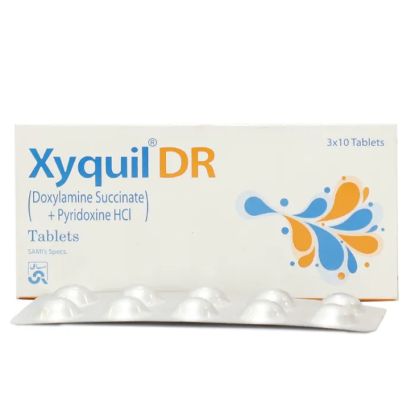 Xyquil DR tablets box containing loperamide and simethicone for diarrhea and gas relief treatment, 4x10 tablets pack