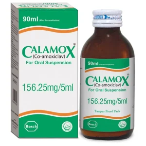 Calamox Co-amoxiclav 156.25mg/5ml oral suspension bottle and box, 90ml antibiotic medication by Bosch