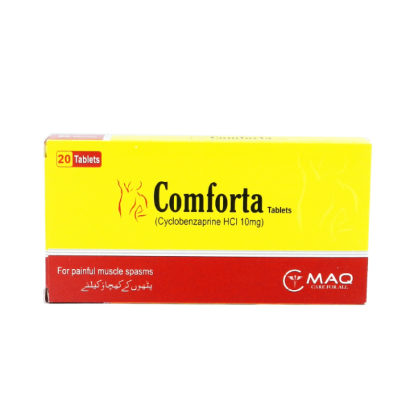 Comforta tablets by Maq Pharmaceuticals for painful muscle spasms, muscle relaxant medication available in Pakistan