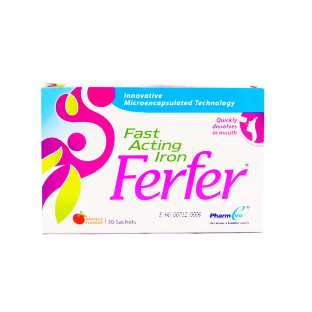 Ferfer Fast Acting Iron supplement 30 sachets with microencapsulated technology and orange flavor for iron deficiency anemia