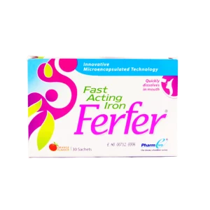 Ferfer Fast Acting Iron supplement 30 sachets with microencapsulated technology and orange flavor for iron deficiency anemia