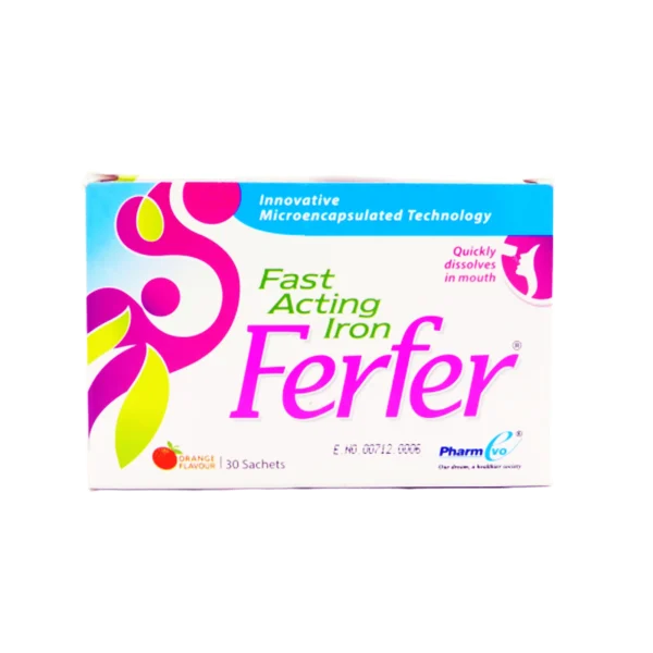 Ferfer Fast Acting Iron supplement 30 sachets with microencapsulated technology and orange flavor for iron deficiency anemia
