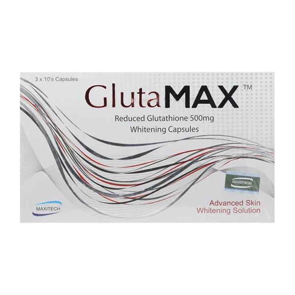GlutaMax Reduced Glutathione 500mg Whitening Capsules box by Maxitech, 3x10 capsules