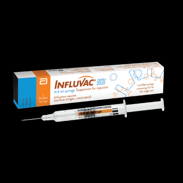 Influvac 2019/2020 influenza vaccine - 0.5ml prefilled syringe with packaging showing surface antigen inactivated flu vaccine
