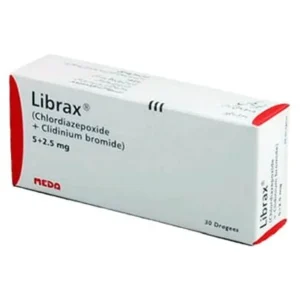 Alt Text: "Librax medication box containing Chlordiazepoxide 5mg and Clidinium bromide 2.5mg, manufactured by NEDA, showing 30 dragees package
