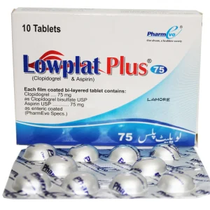 Lowplat Plus 75 tablets - Clopidogrel 75mg and Aspirin 75mg combination antiplatelet medication by PharmEvo for dual cardiovascular protection, 10 bi-layered tablets
