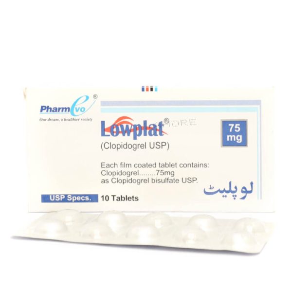 Lowplat 75mg tablets - Clopidogrel bisulfate USP antiplatelet medication by PharmEvo for heart attack and stroke prevention, 10 film-coated tablets
