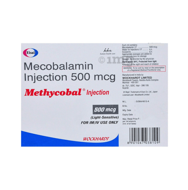 Mecobalamin Injection 500 mcg (Methycobal) package by Eisai and Wockhardt, showing light-sensitive injectable medication box with blue wave design and barcode