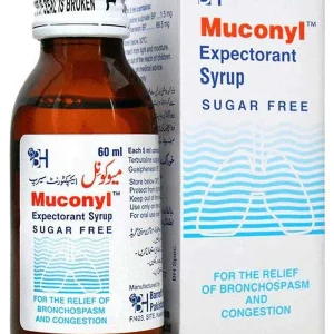 Muconyl expectorant syrup 60ml sugar-free - bronchospasm and congestion relief medication in amber bottle with box