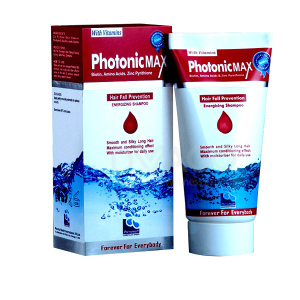PhotonicMAX hair fall prevention energizing shampoo tube and box with biotin, amino acids, and zinc pyrithione formula featuring water splash design