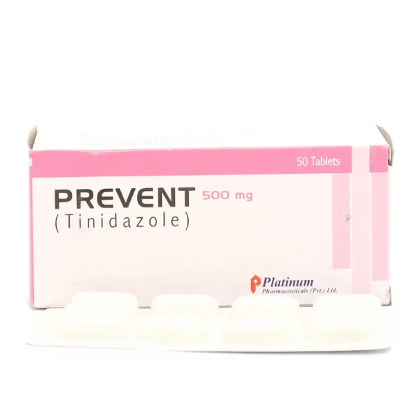 Prevent Tinidazole 500mg tablets 50 count box - antibiotic and antiprotozoal medication for bacterial and parasitic infections