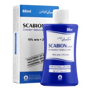 Scabion Lotion 60ml Crotamiton Sulphur 10 percent 2 percent anti-scabies treatment bottle and box by ATCO Laboratories