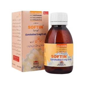Softin syrup 60ml bottle with box, Loratadine 5mg/5ml non-sedating antihistamine for allergies by Werrick Pharmaceuticals