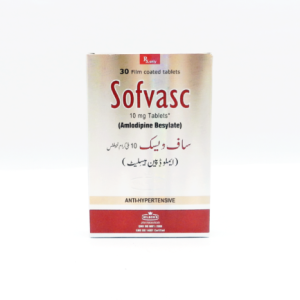 Sofvasc 10mg amlodipine besylate tablets box for hypertension and angina treatment, white and red pharmaceutical packaging