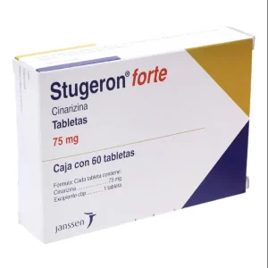 Stugeron Forte cinnarizine 75mg tablets by Janssen, box containing 60 tablets for vertigo and motion sickness treatment