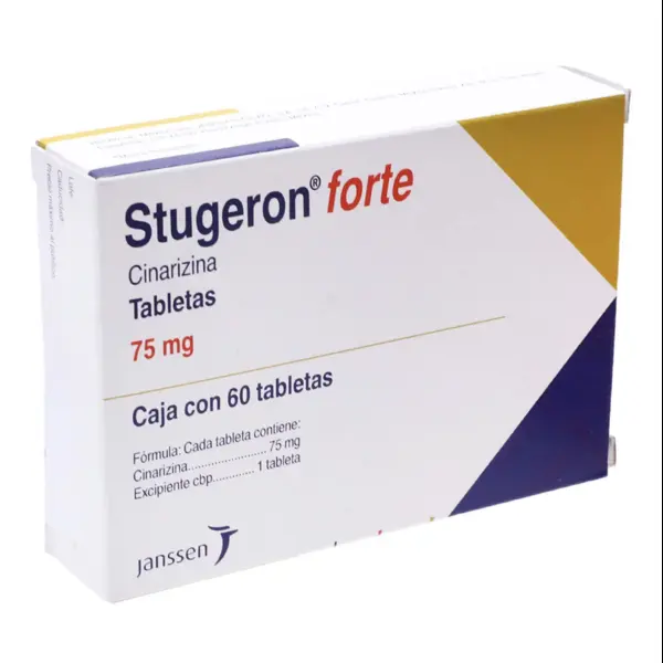 Stugeron Forte cinnarizine 75mg tablets by Janssen, box containing 60 tablets for vertigo and motion sickness treatment