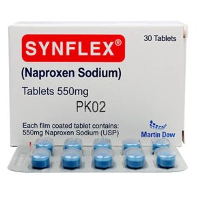 Synflex naproxen sodium 550mg tablets by Martin Dow, box with blister pack containing 30 blue film-coated tablets for pain and inflammation relief