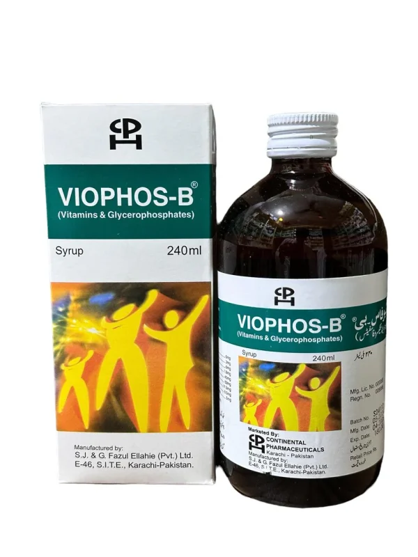 Viophos-B 240ml syrup by Continental Pharmaceuticals containing vitamins and glycerophosphates for energy and nutritional support in Pakistan