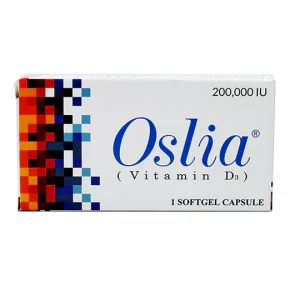 Oslia Vitamin D₃ 200,000 IU softgel capsule box for Vitamin D deficiency treatment.