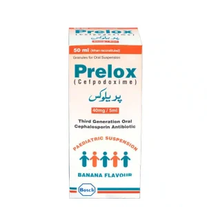 Prelox Cefpodoxime 50ml pediatric suspension box – third-generation cephalosporin antibiotic for children.
