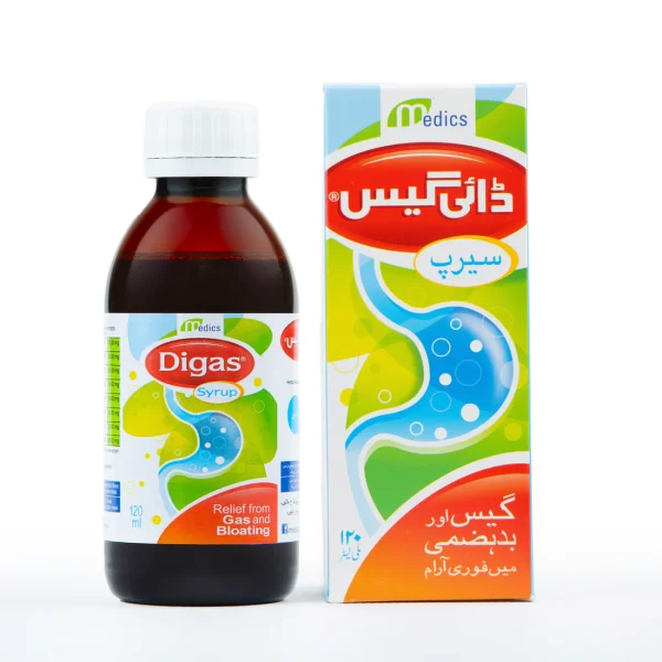 Digas digestive syrup bottle for gas relief, bloating, indigestion, and digestive discomfort treatment