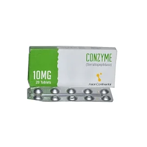 Conzyme Serratiopeptidase 10mg tablets 20-count blister pack by Alpha Continental for inflammation and pain relief