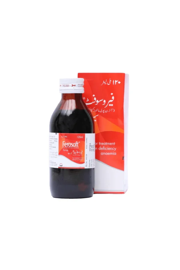 Ferosoft iron syrup 120ml bottle with box for iron deficiency anemia treatment in children and adults