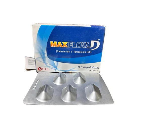 MaxFlow D Dutasteride 0.5mg Tamsulosin 0.4mg capsules 20-count blister pack by CCL for benign prostatic hyperplasia BPH treatment