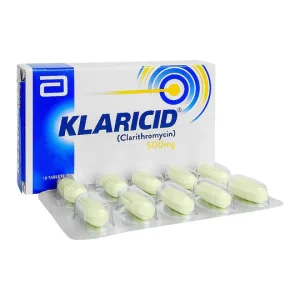 Klaricid clarithromycin antibiotic tablets in blister pack with blue and white packaging box