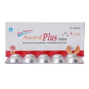 Ascard Plus Tablets by ATCO – Acetylsalicylic Acid (Aspirin) and Clopidogrel Bisulfate tablets for extra cardiovascular protection, pack of 10 tablets