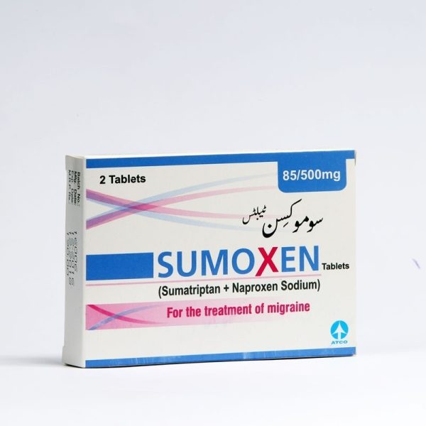 Sumoxen Tablets 85/500mg by ATCO – Sumatriptan and Naproxen Sodium tablets for migraine treatment, pack of 2 tablets
