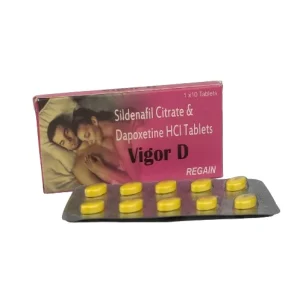 Vigor D tablets box and blister pack — Sildenafil Citrate and Dapoxetine HCI tablets, 10-tablet strip with pink product packaging
