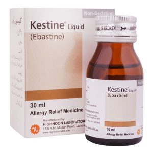 Kestine Liquid (Ebastine) 30ml allergy relief medicine bottle and box by Highnoon Laboratories, non-sedating