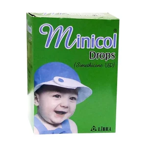 Minicol Drops (Simethicone USP) box by Libra — green packaging with baby wearing blue sun hat