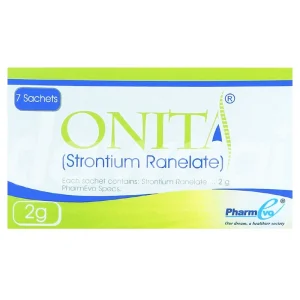 Onita Strontium Ranelate 2g sachets box by PharmEvo — 7 sachets, green and blue packaging