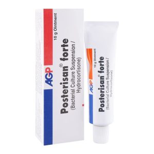 Posterisan Forte 10g ointment tube and box — AGP brand, bacterial culture suspension and hydrocortisone formula