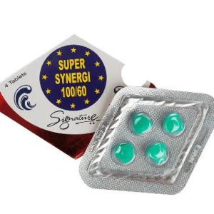 Super Synergi 100/60 tablets, 4-count blister pack with teal round tablets and red/blue starburst packaging
