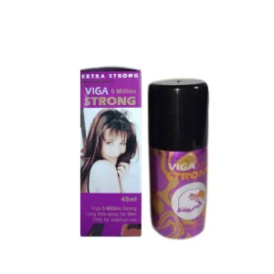 Viga 5 Million Strong delay spray for men, 45ml — purple and gold spray bottle with black cap next to product packaging box