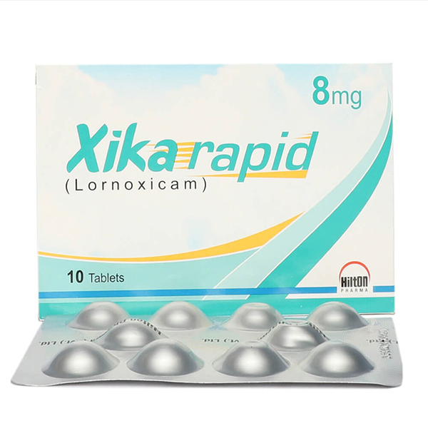 Xika Rapid 8mg (Lornoxicam) tablets box and blister pack by Hilton Pharma — 10 tablets, teal and white packaging