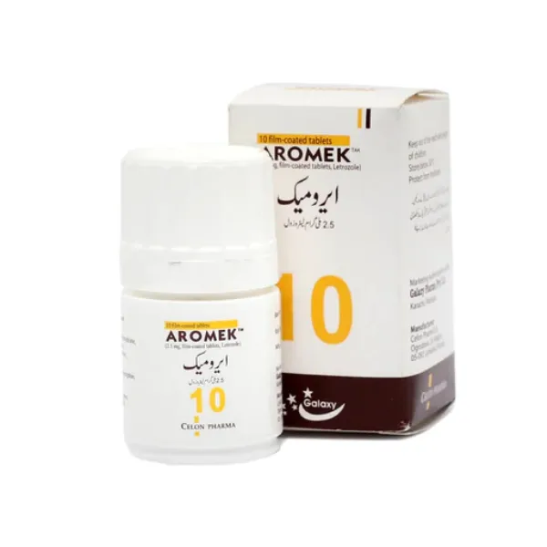 Aromek 2.5mg (Letrozole) film-coated tablets bottle and box, 10 tablets, by Celon Pharma / Galaxy
