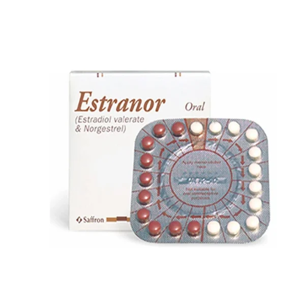 Estranor Oral (Estradiol Valerate & Norgestrel) tablets by Saffron — circular blister pack with brown and white tablets