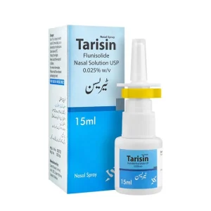 Tarisin Flunisolide Nasal Solution USP 0.025% w/v spray, 15ml, box and bottle with yellow spray nozzle